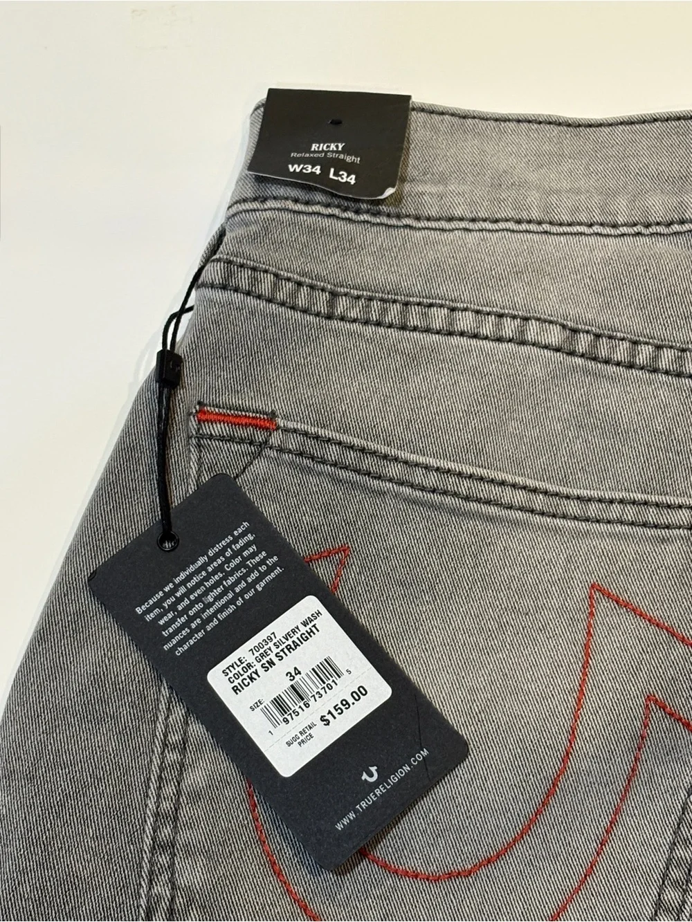 True Religion Ricky Relaxed Straight Jeans Men’s 34x34 Gray Silver Wash NWT
